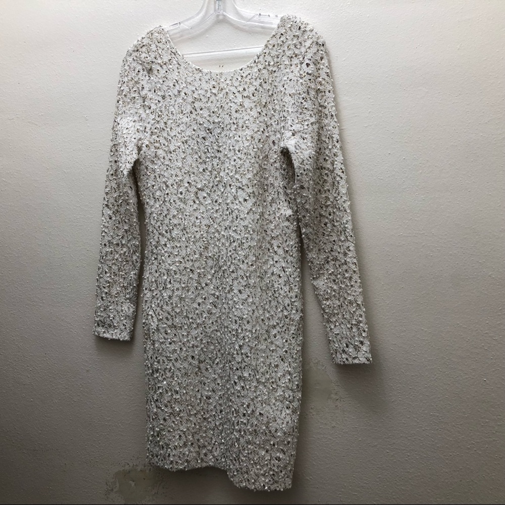 Jennifer Lopez Sequin long Sleeve Sheath Mini Dress Women's Size L White/Gold - Picture 14 of 14